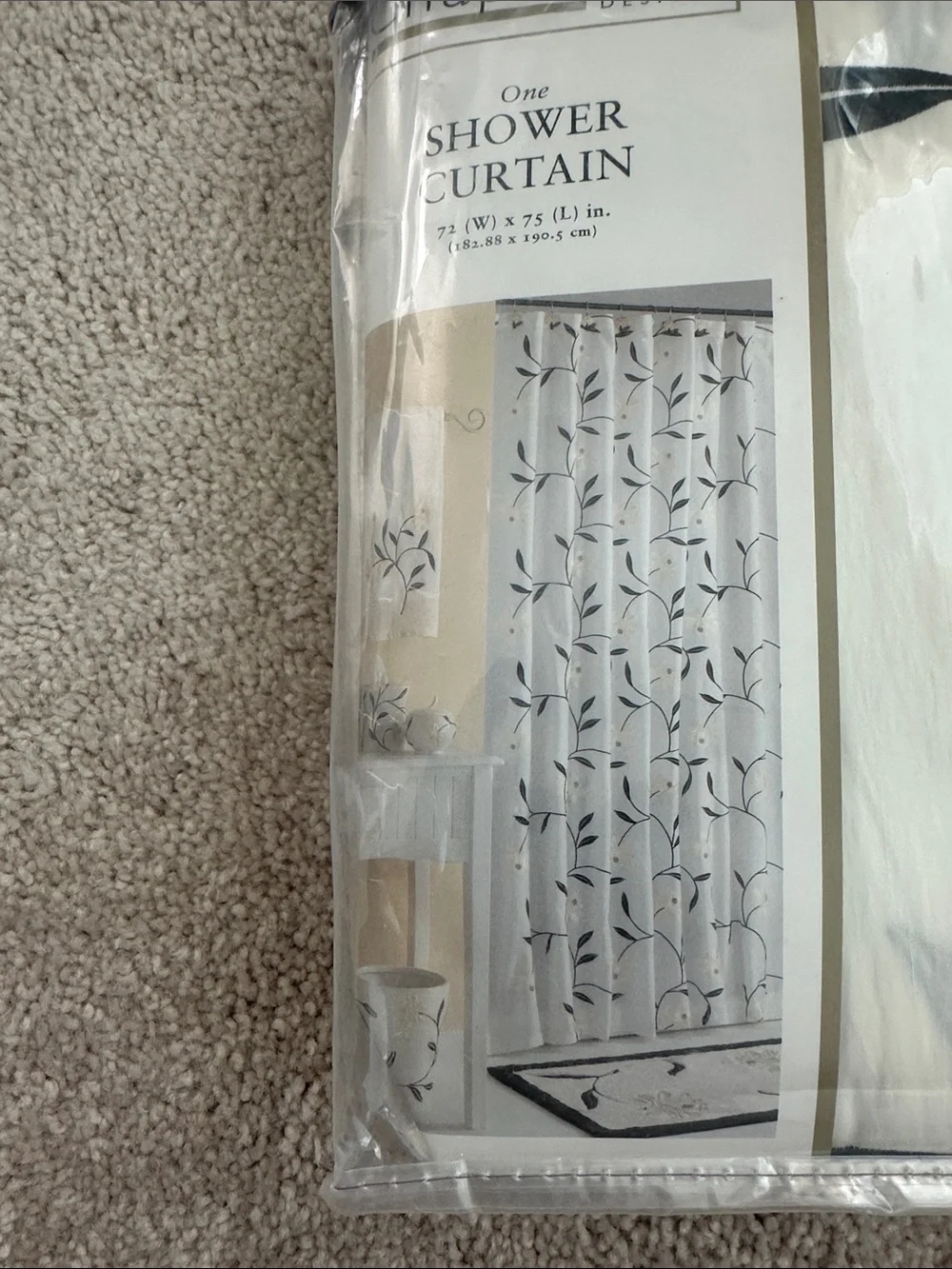 Chapel Hill White Shower Curtain with Black Leaf Design